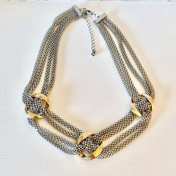 Silver and Gold Multistrand Box Chain Necklace - Picture 1 of 8